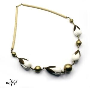 Vintage Statement Necklace Ivory and Gold Color Beads w Leaf Design 23" -Hey Viv